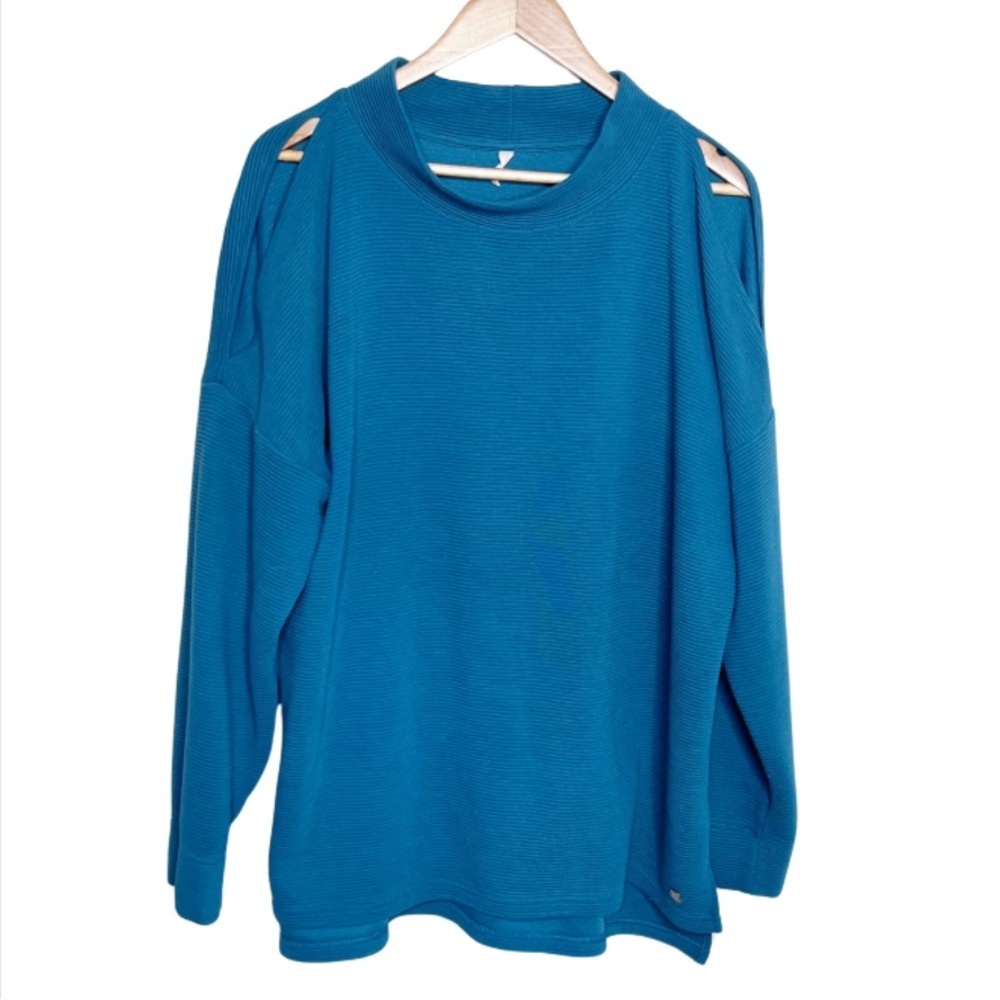 Ideology Teal‎ Ribbed Cold Shoulder Mock Neck Long Sleeve Sweatshirt Pullover
